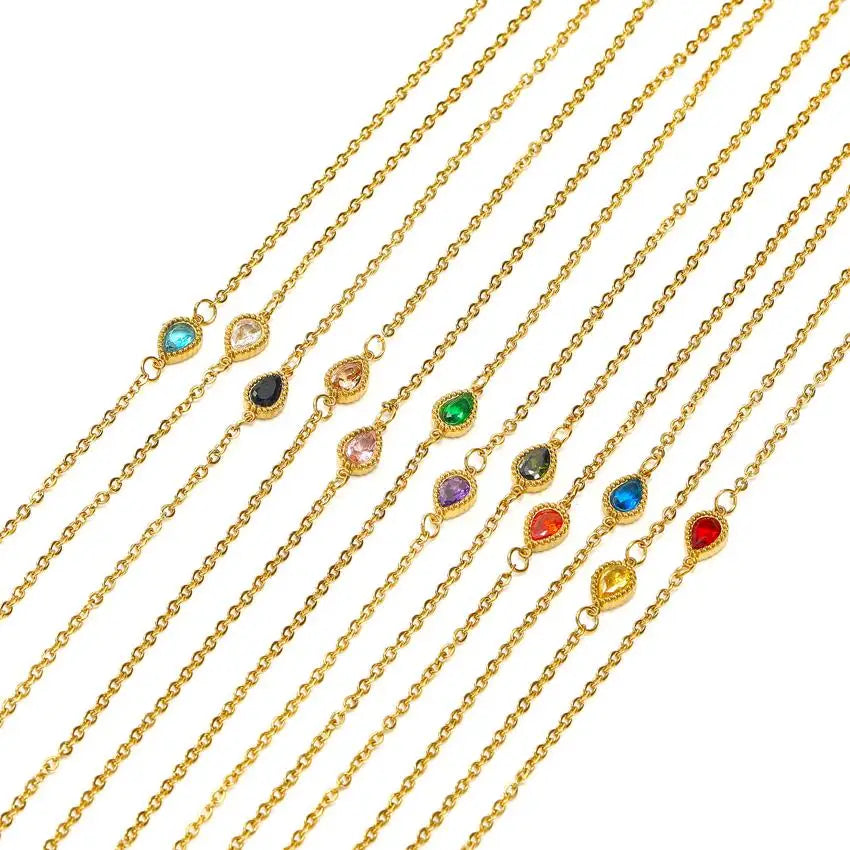 Hot Sales Luxury Women's Trendy 12 Birthstone Zircon Fashion Necklace Water-Drop Shaped High-End Stainless Steel Charms Necklace