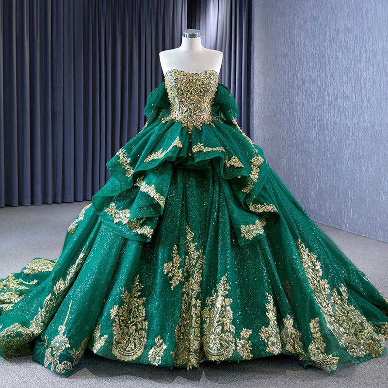 Jancember Rsm231041 Green Off Shoulder Sequin Pearls Luxury Ball Gown Evening Dress