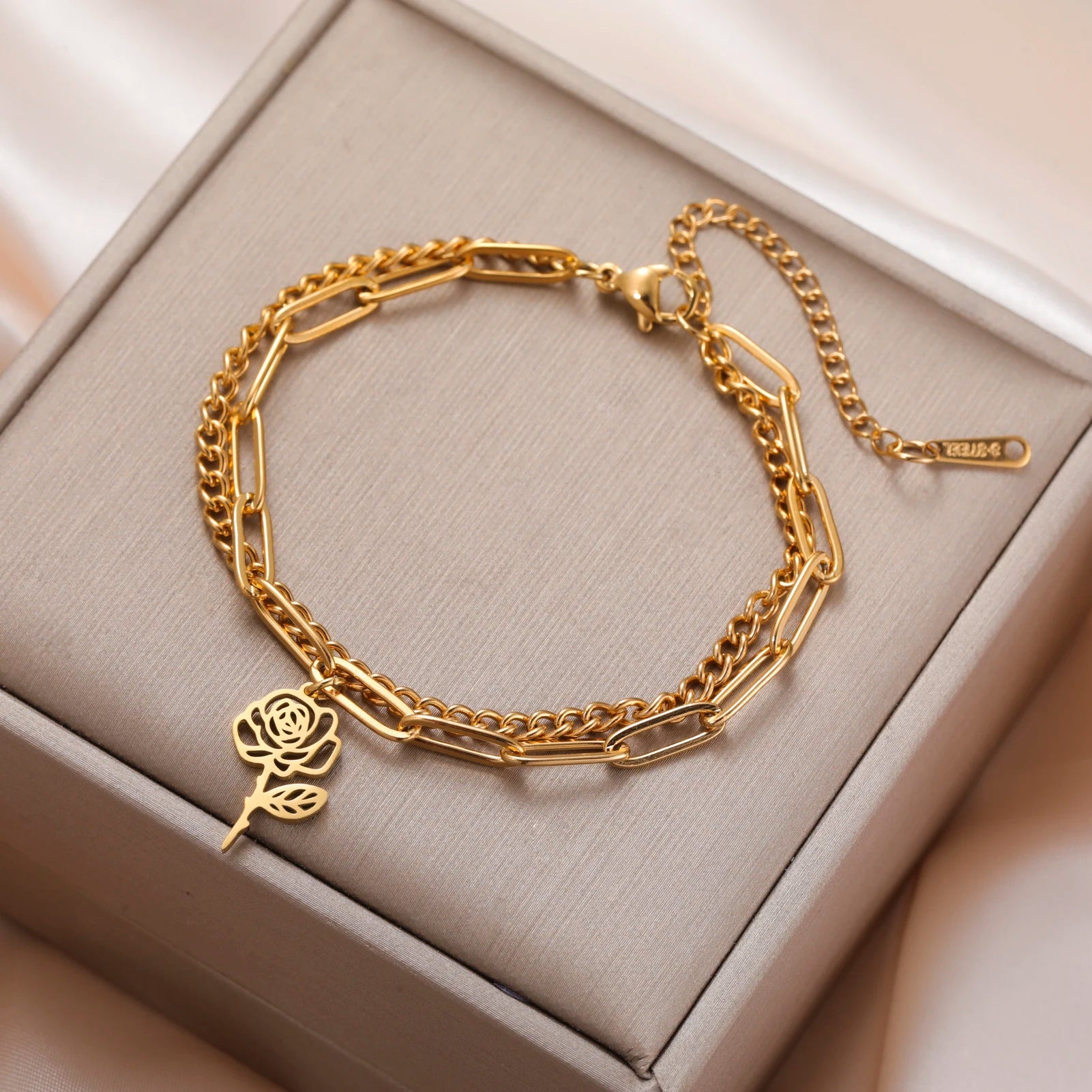 Birth Month Flowers Charm Bracelet Stainless Steel Gold Color Double Layer Paperclip Chain Rose Daisy Jewelry Birthday Gift