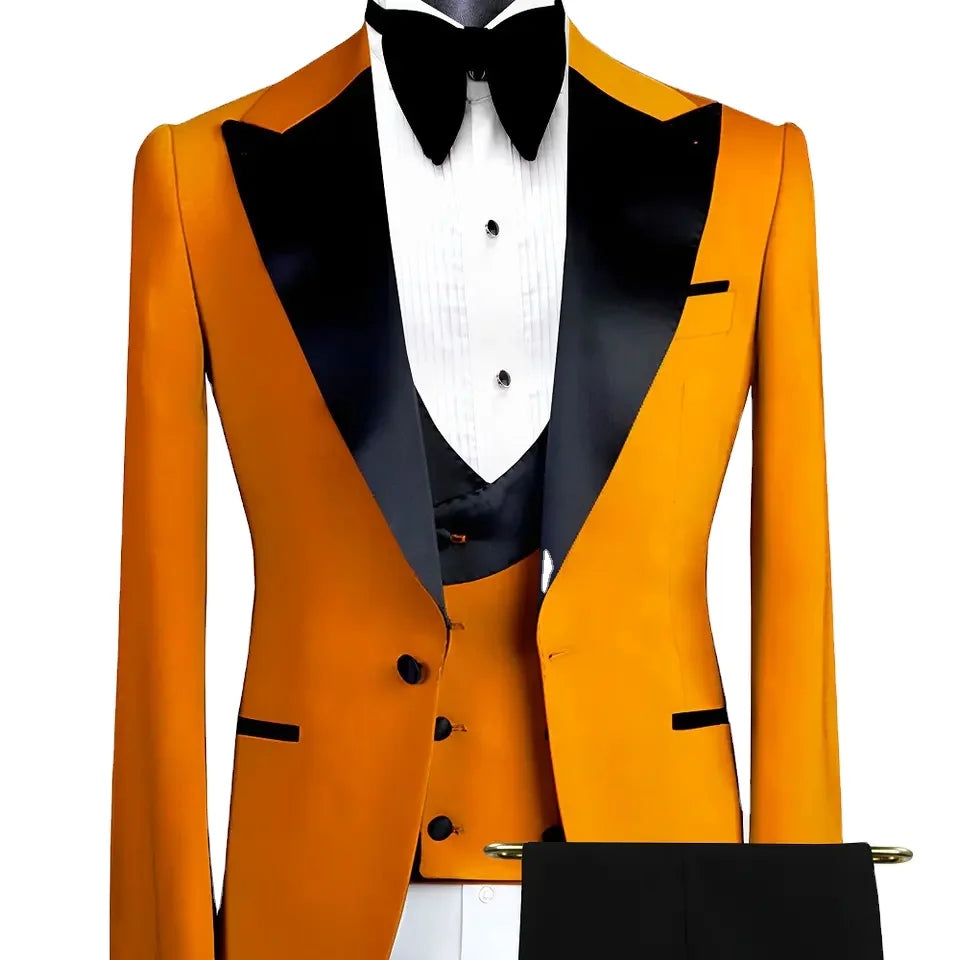 Modern Orange Black Satin Men Suits 3 Pieces Wedding Groomsman Tuxedo Blazer Vest Pant Men Suits Set