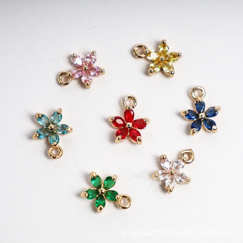 Dainty 8*11mm Five Petal Flower Pendant Colorful Pink White Emerald Zircon Dangle Charm for DIY Making Jewelry Accessories