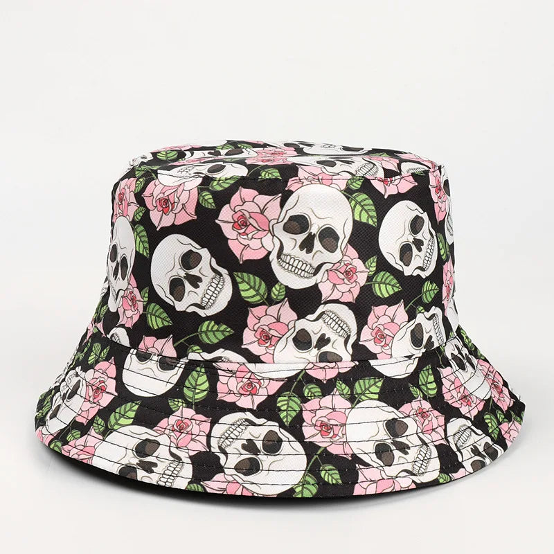 HF Fashion Double-Sided Bucket Hat with Creative Skull Rose Printed New Embroidered Basin Hat for Outdoor Party Daily Use