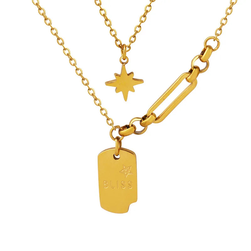 Waterproof Fashion Ladies Stainless Steel Double Layer Square Clavicle Chain Star Niche Necklace Women