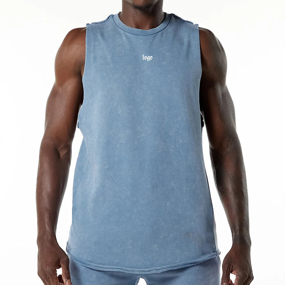 Custom Gym Tank Top Men Custom Singlet Plus Size Workout Fitness Gym Washed Ribbed Square Neck Cropped Tank Top