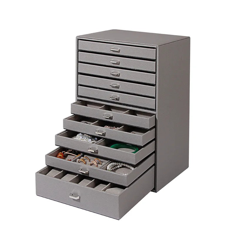 Modern Rectangle Design Large Capacity 10 Layer Drawer Style PU Leather Jewelry Case for Desktop Storage