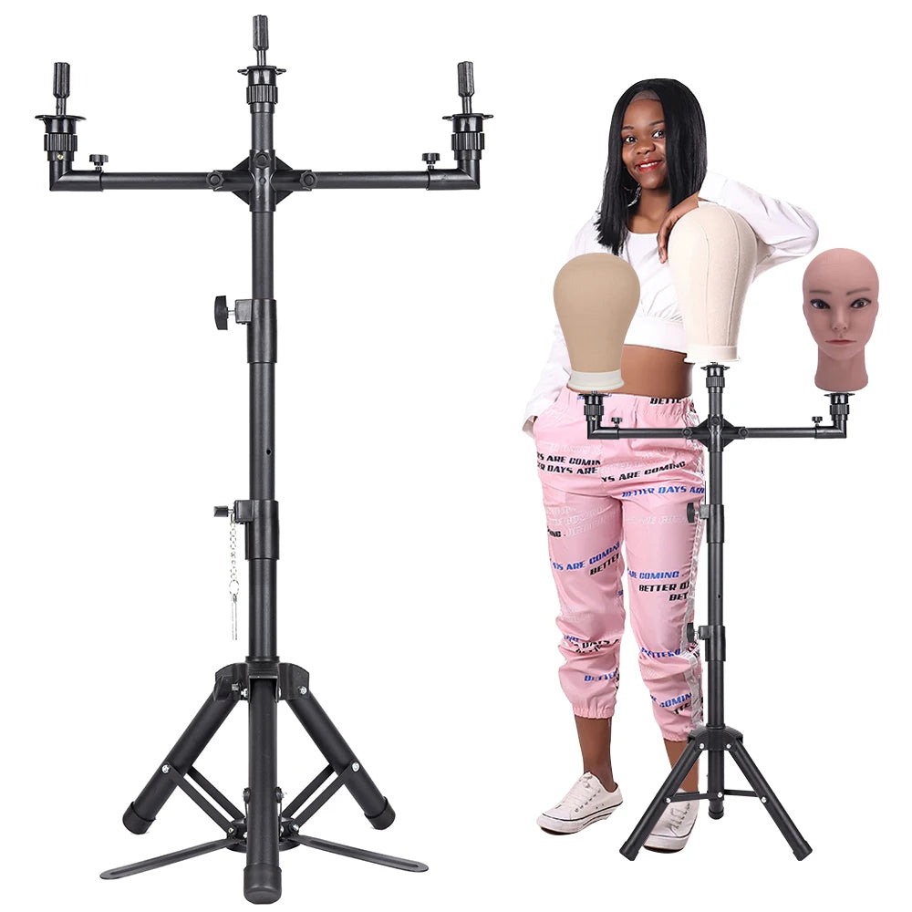 Leeons Heavy Duty Black Mannequin Canvas Head Tripod Wig Stand Tripod with Pedal for Wig Making Cosmetology Practice