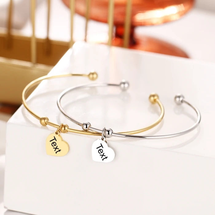 18K Plate Trendy Minimalist Delicate Stainless Steel Custom Text Laser Blank Heart Charms Dangle Open Cuff Tube Bangle