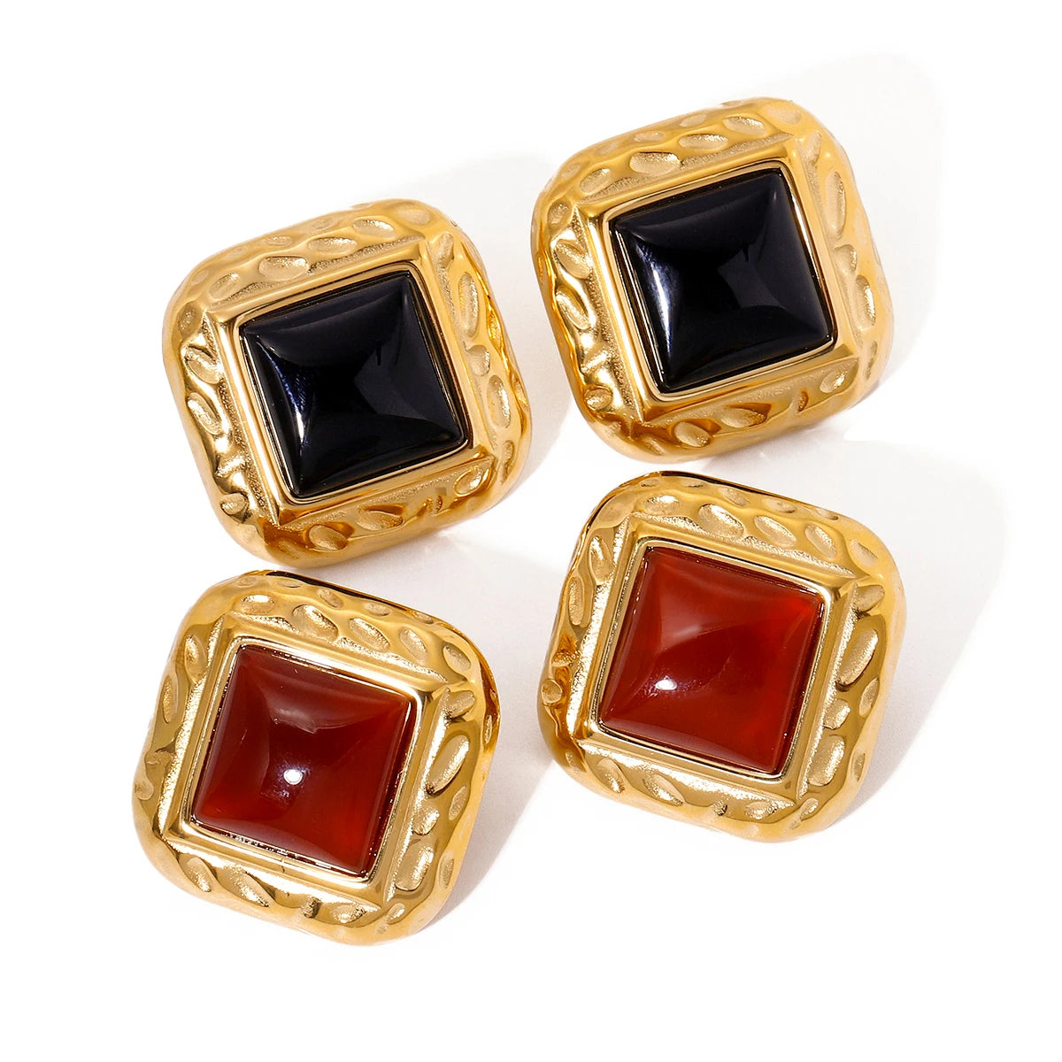 J&D Jewelry Red Black Agate Earring 18K PVD Gold Plated Stainless Steel Semi Texture Stone Stud Earring