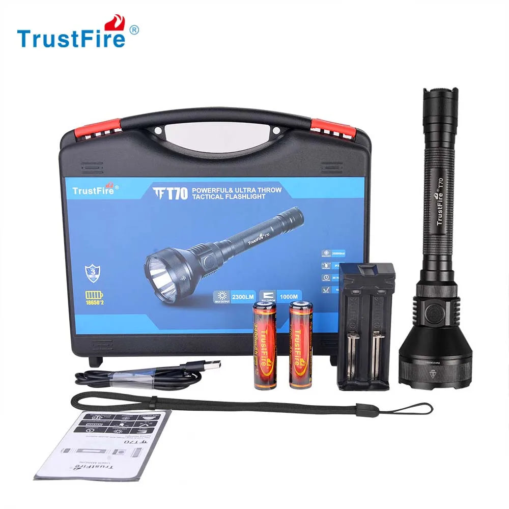 Trustfire T70 High Power 2300LM  Rechargeable Aluminum Tactical LED Flashlight Waterproof IP68 Hunting Search Torch Light
