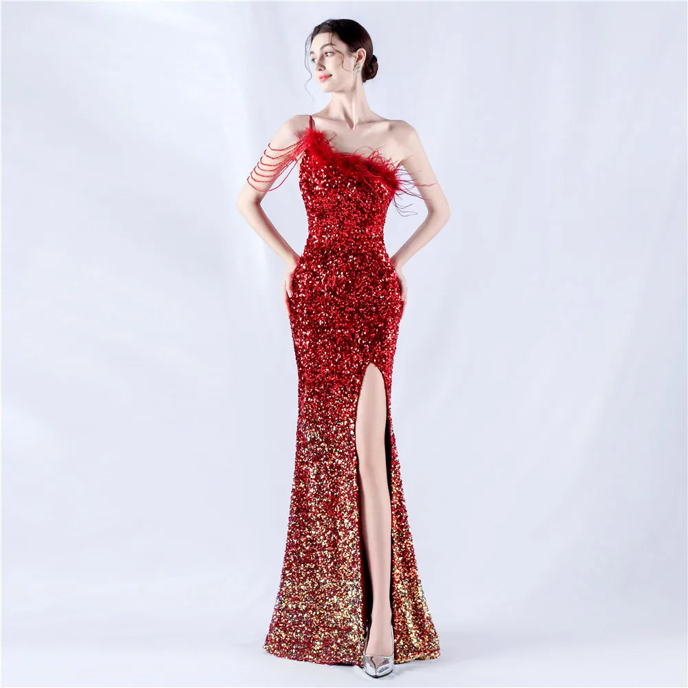 Feather Sequined Evening Dress Wholesale High End Slim Dress Custom logo Pearl off Shoulder Evening Dress Factory Directly