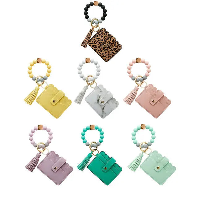 2021 Personalized Wholesale Wood Bead Key Rings Purse Keychain Leather Tassel Bag Silicone Bead Wallet Keychain Silicone