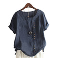 Plus Size 5XL Women Short Sleeve Loose Pullover Linen Tops Shirts 2024 Hot Sale Ladies Solid Color Retro Button Leisure Blouse
