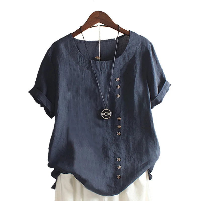 Plus Size 5XL Women Short Sleeve Loose Pullover Linen Tops Shirts 2024 Hot Sale Ladies Solid Color Retro Button Leisure Blouse