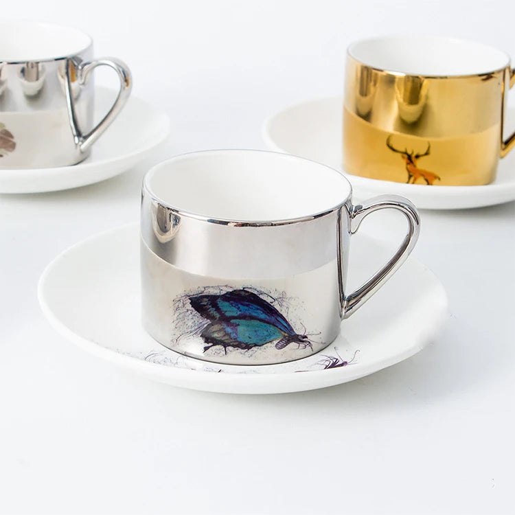 Creative Electroplating Mirror Little Tea Cups Ceramic Coffee Cup with Saucer European Style Coffee Cup and Saucer Afternoon Tea