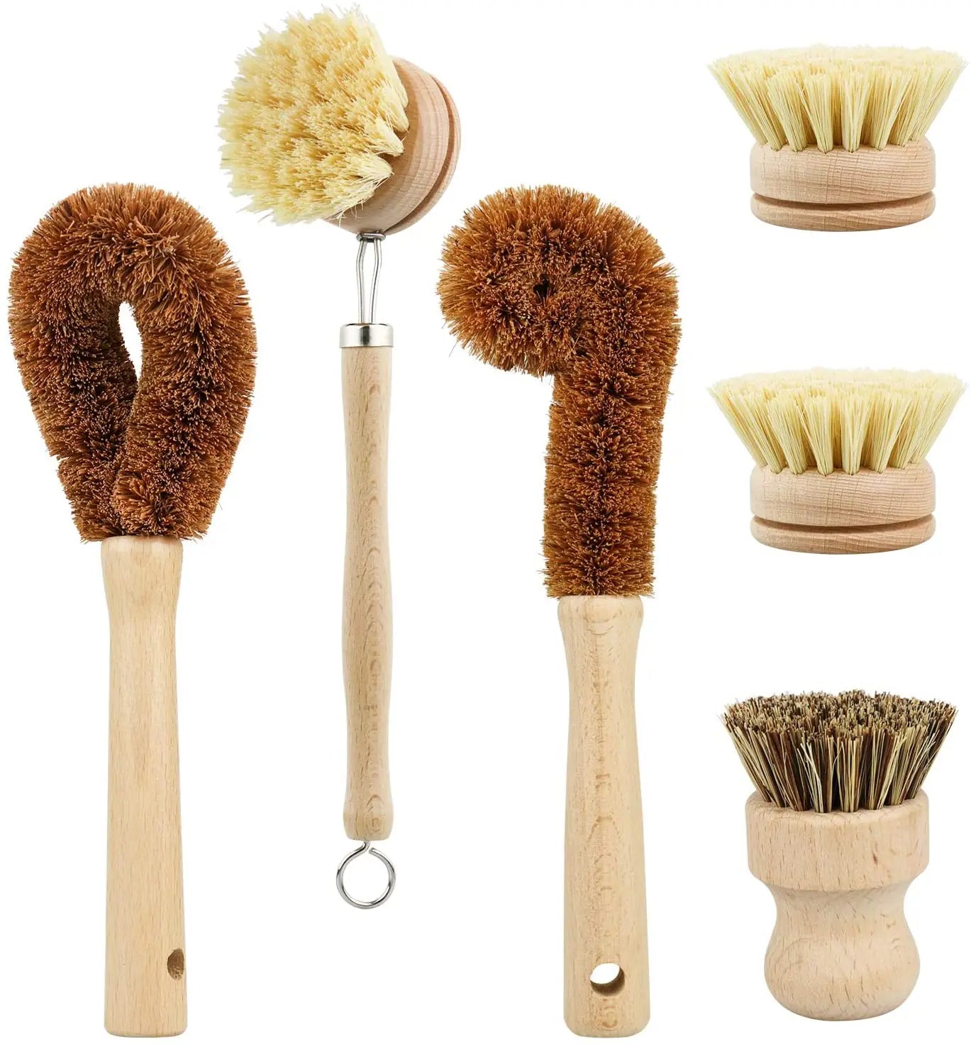 Eco Friendly 6 Pieces Dish Bottle Vegetable Pan Pot Scrub Brush Beech Wood Cleaning Brush Set for Kitchen