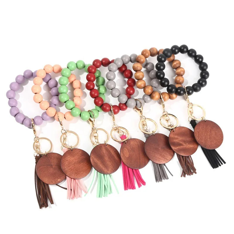 2026 Stock Personalized Colorful Wood Elastic Beaded Bracelet Tassel Key Rings Keychains