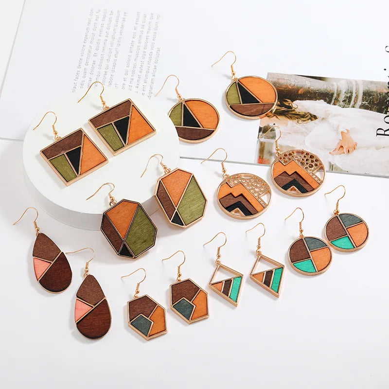 Hot Sale Popular Fashion Commuter Earrings Exaggerated Geometric Wooden Splicing Color Contrast Wood Earrings for Women