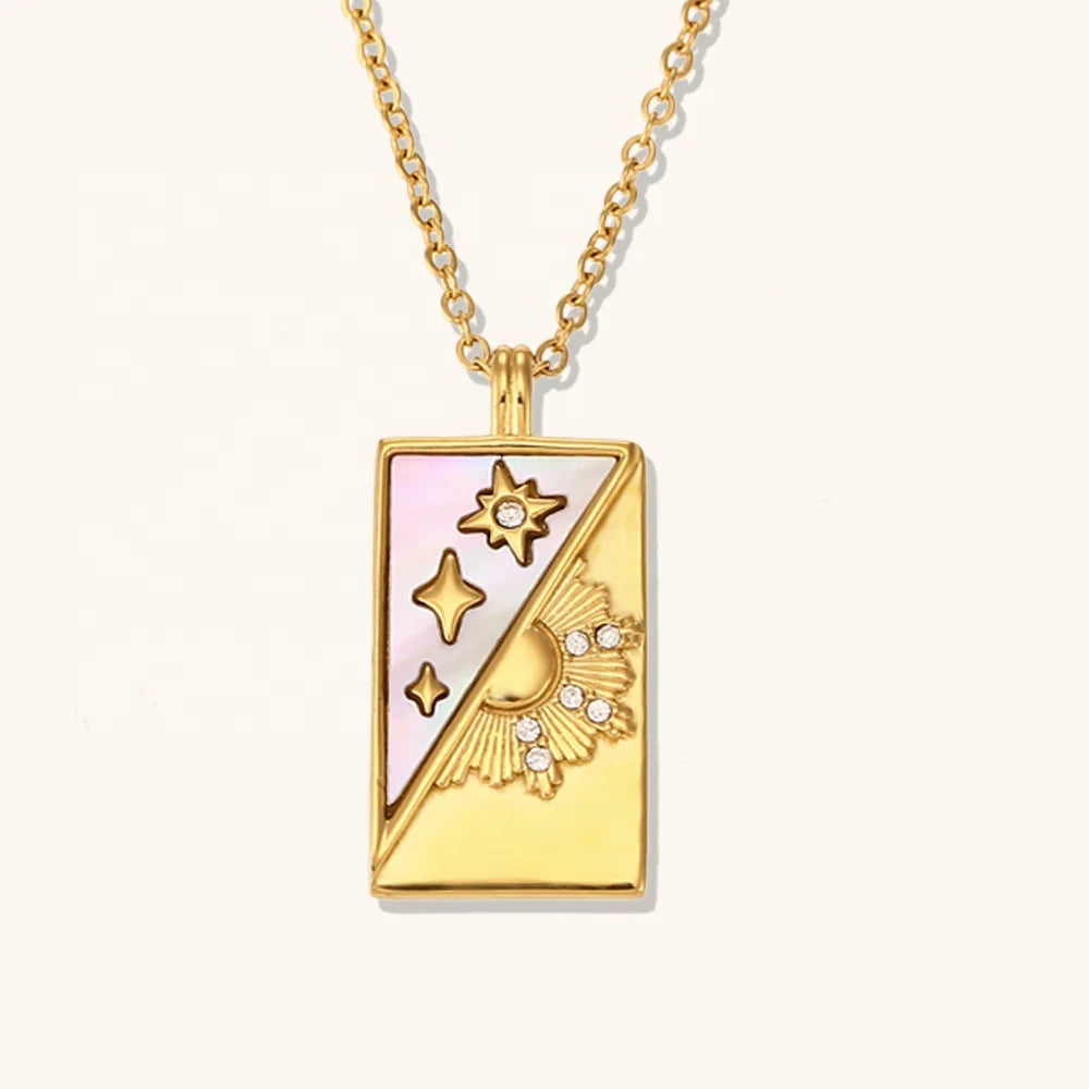 Dingran Women Tarnish Free Jewelry Sun Star Shell Tarot Card Necklace Gold Plated Stainless Steel Jewelry