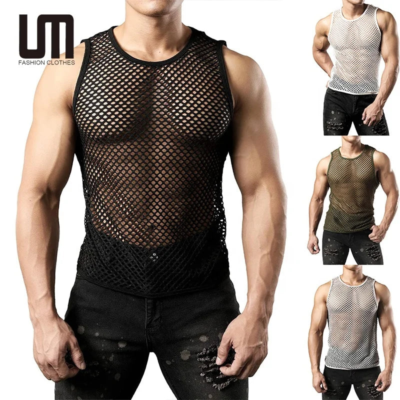 Trending Mesh Tank Tops Sleeveless Transparent Breathable Summer Undershirt Sexy Casual Fashion Vest for Men
