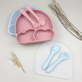 Silicone Bear Plate With Spoon Infant Tableware Feeding Plato With Strong Suction in Stock Ready to Ship Factory Price ODM