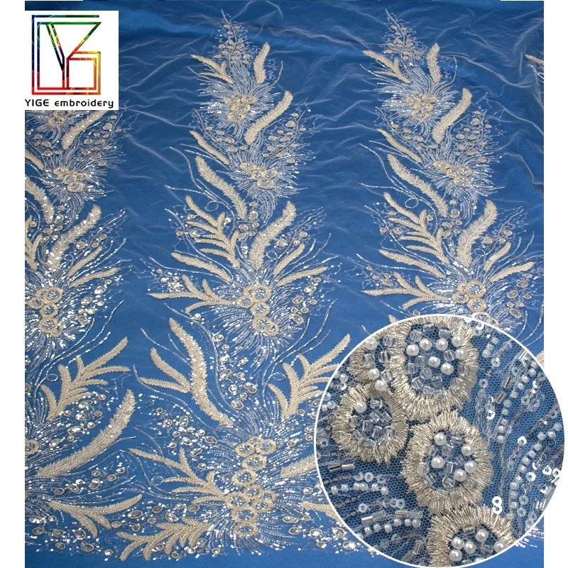 Wholesale White Luxury Bridal Beaded Sequin Lace Fabric French Pearl Embroidery Tulle Lace Fabric For Wedding Dresses
