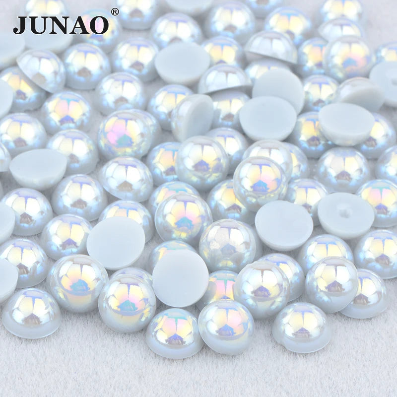 JUNAO Wholesale 2 3 4 5 6 7 mm Flat Back Light Grey AB Pearl Beads ABS Half Round Pearls Rhinestone for DIY Craft