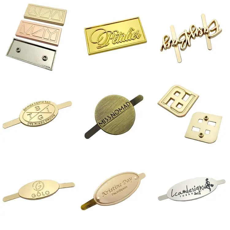 Fashion Gold Letters Stamped Custom Brand logo Metal Name Plate for Handbag