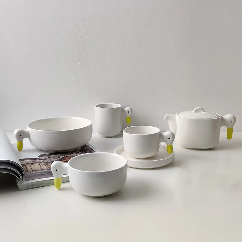 Solhui Cute Ceramic Duck Handle Mug Coffee Cup Saucer Teapot Soup Bowl Dinnerware
