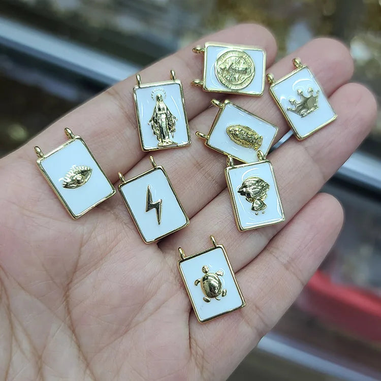 CZ8708 New 18k Gold White Enamel Star Moon Virgin Mary Cross Scapular Pendant Charms with Double Two Loops