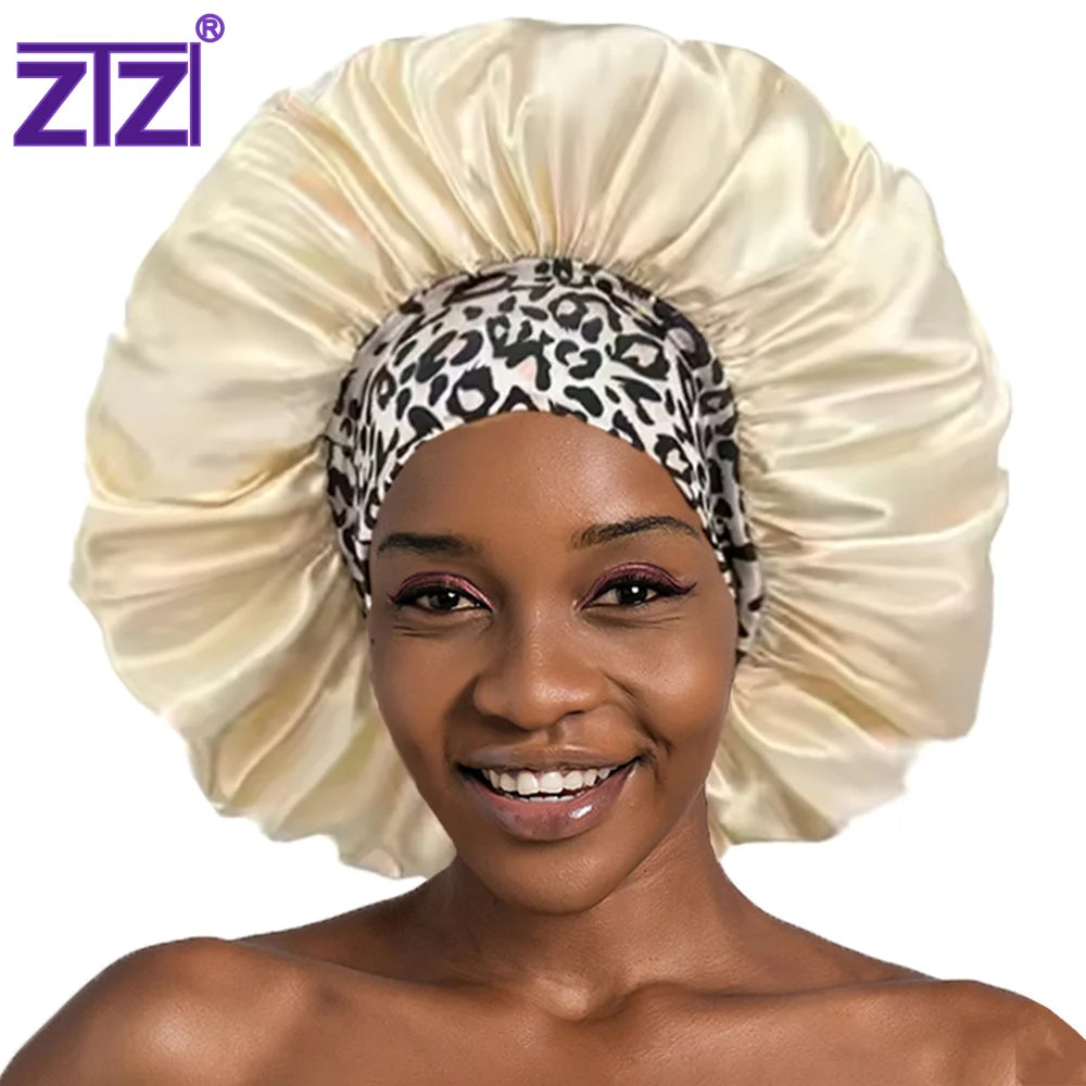 ZTZI Factory  Manufacturer Leopard-print Stretch Wide Band Custom logo Night Satin Bonnet  Women Sleep Hat Hair Bonnet