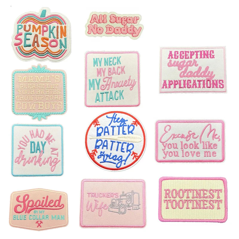 Iron on Embroidery Pumpkin Season pink Words Patch for Outdoor Overcoat Hat Decoration