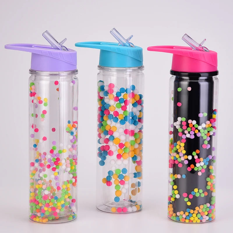 500ml Double Layer Plastic Bottle POM for Ball Straw New Creative Gradient Rainbow Color Leak-proof for Cute Design for Children