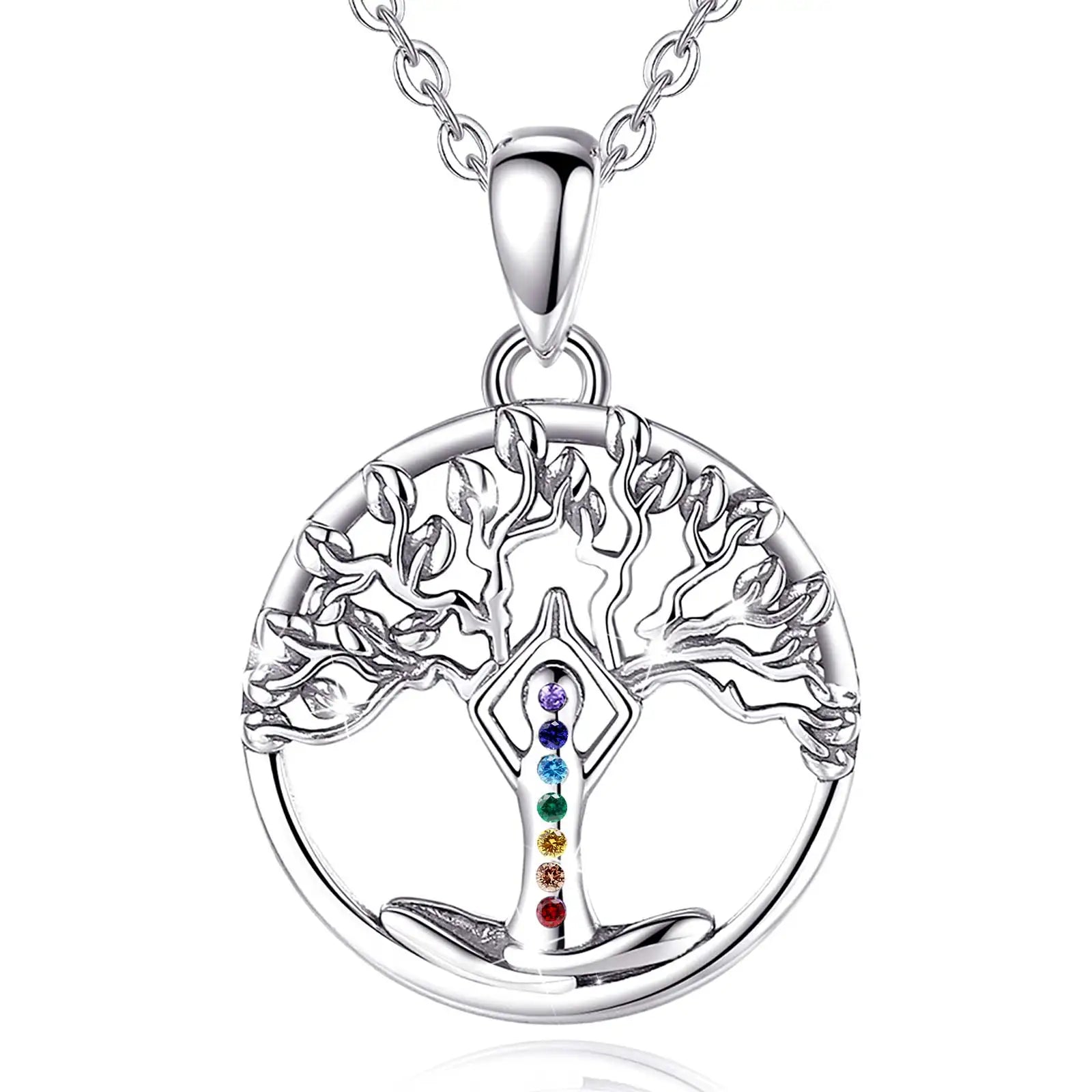 Merryshine 925 Sterling Silver Family Tree of Life Yoga Chakra Pendant Necklace