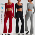 SHINBENE Recycled Polyester Women's Workout 2Pcs Set Sustainable Long Sleeve and Flare Leggings Gym Fitness Sets