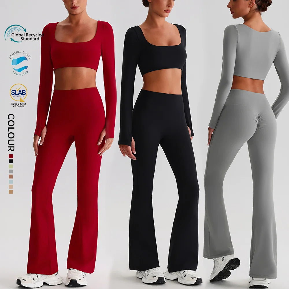 SHINBENE Recycled Polyester Women's Workout 2Pcs Set Sustainable Long Sleeve and Flare Leggings Gym Fitness Sets