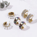 HOVANCI New Vintage Colorful Rhinestone Small Hoop Earrings Geometric Simulated Pearl C Hoop Earring for Girls
