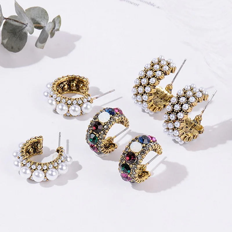 HOVANCI New Vintage Colorful Rhinestone Small Hoop Earrings Geometric Simulated Pearl C Hoop Earring for Girls