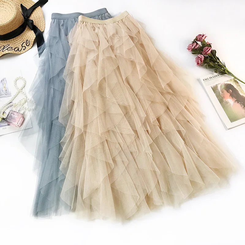 85cm Length Many Layers pink Black Pleated Long Skirt Vintage High Waisted a Line Satin Skirts Beige Blue
