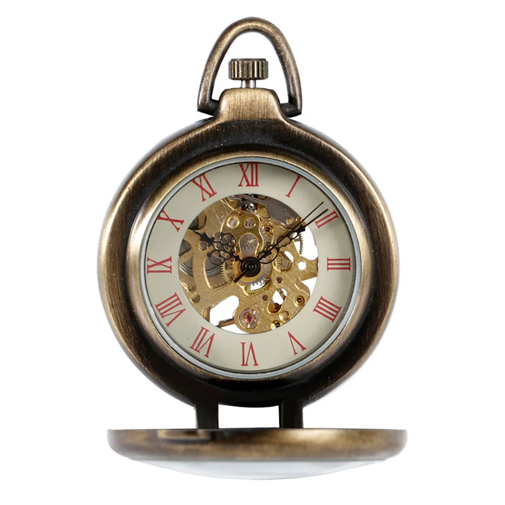 Antique Standing Bronze Skeleton Steampunk Mechanical Pocket Watch with Transparent Lid - Vintage Father's Day Gift for Dad