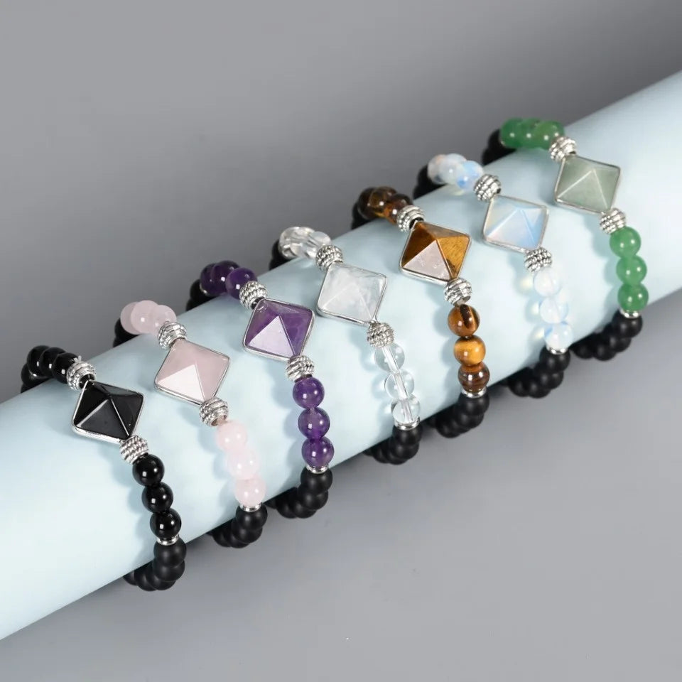 Natural Stone Beads Bracelets Healing Crystal tiger Eye Stone Pyramid Shape Charm Stone Bracelet