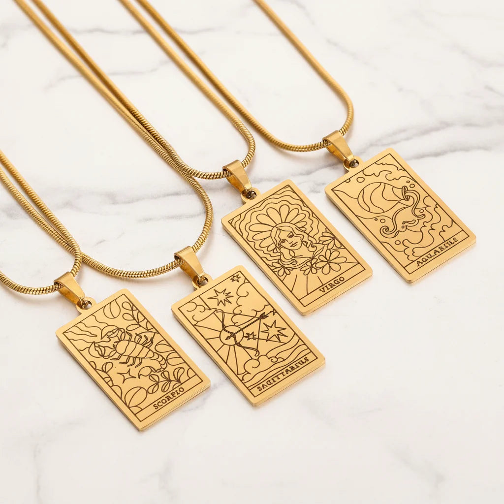 New 18K Gold PVD Etched 12 Zodiac Sign Rectangular Pendant Necklace Stainless Steel Snake Chain Astrology Themed Gift Necklace