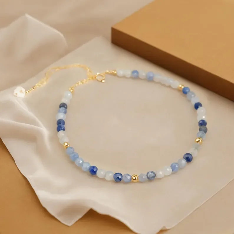 Minimalist Tiny Blue Gemstone Beaded Bracelet 3mm Beads Crystal Dainty Bracelet for Women Her