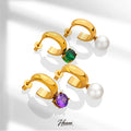 HOVANCI Trendy Jewelry Women Stainless Steel 18k Gold Green Purple Zircon Pearl Stud Earrings