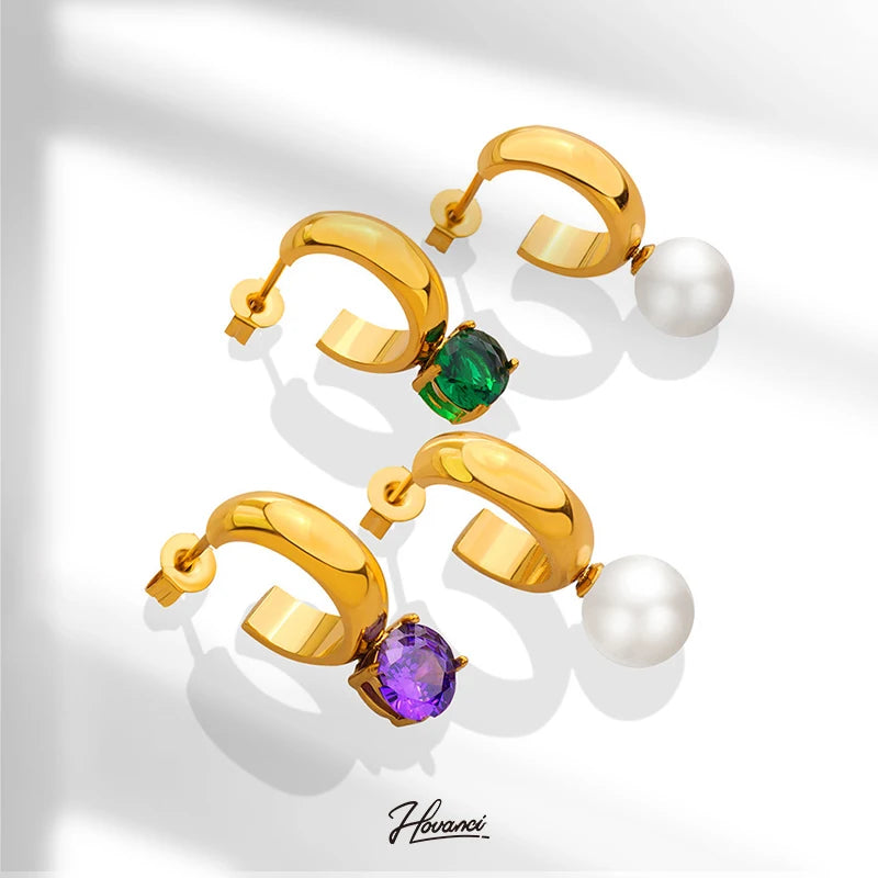 HOVANCI Trendy Jewelry Women Stainless Steel 18k Gold Green Purple Zircon Pearl Stud Earrings