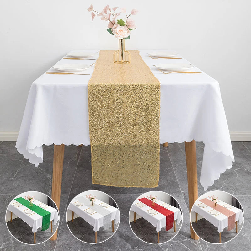 Custom Size 30*275 CM Woven 100% Polyester Wedding Rose Gold Red Green Silver Sequin Embroidery Table Runner for Party Christmas