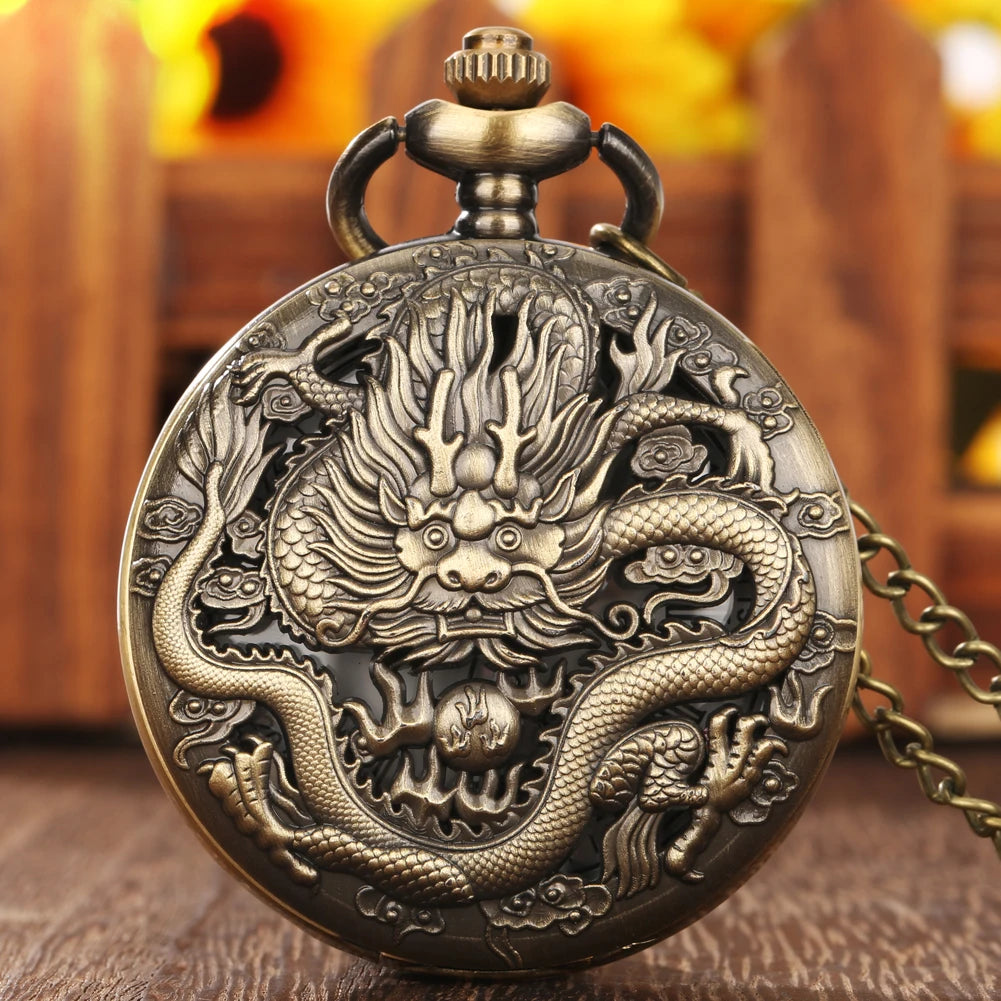 Vintage Steampunk Dragon Pocket Watch with Chain - Retro Bronze Necklace Charm Pendant Timepiece for Antique Gift