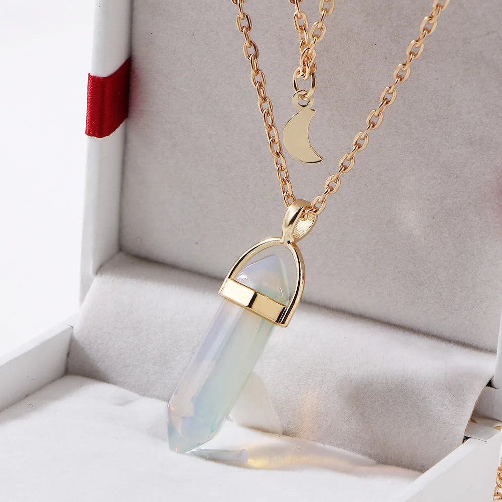 2025 Golden Crescent Shape Necklace Double Chain Necklace Crystal Bullet Necklace for Women
