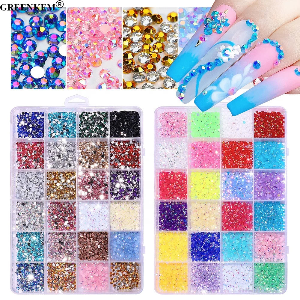 24 Grid Fluorescent AB Resin Nail Charms DIY Jewelry Accessories Mix Color 3D Art Flat Back Nail Rhinestone