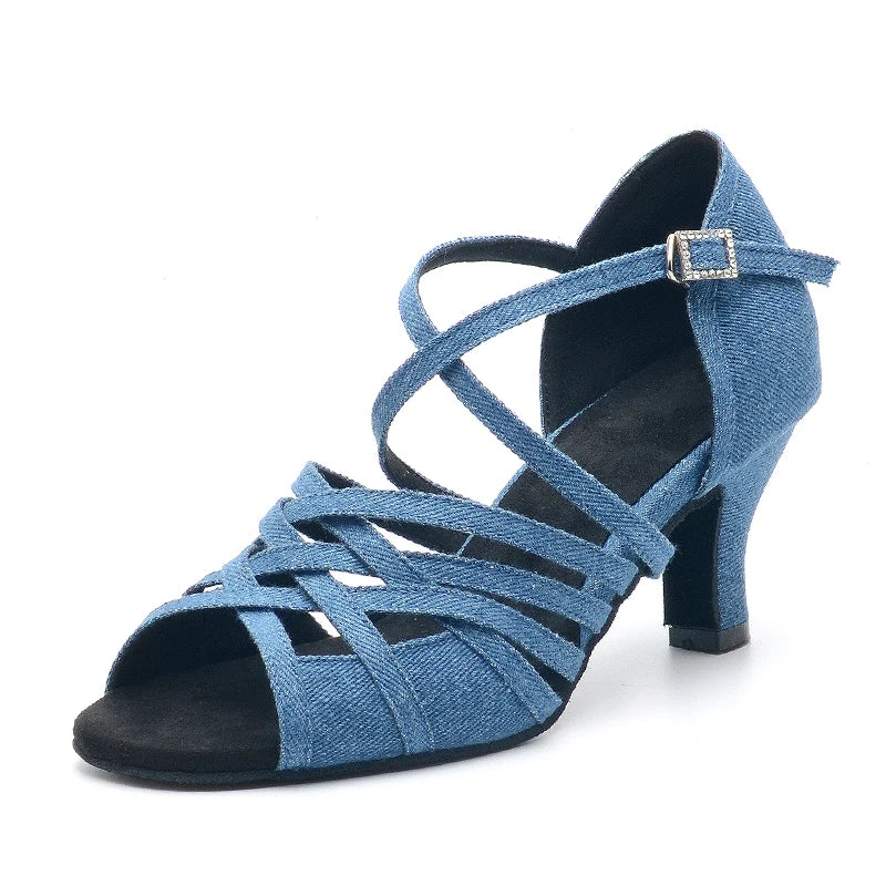 Customized Blue Denim Jazz Dance Shoes Mid Heel 6CM