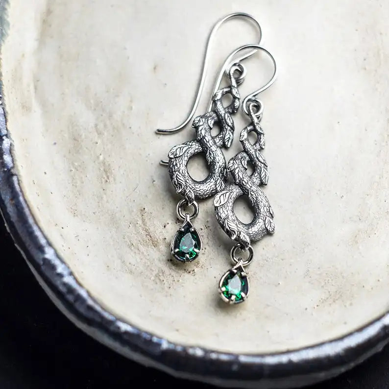 CAOSHI Dainty Tiny Green Zircon Retro Branches Dangle Earrings Lady Women Ancient Silver Vines Twisted Earrings Ethnic Women